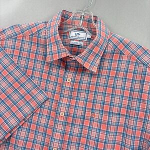Southern Tide Shirt Mens Large Salmon Pink Blue Plaid Button Up‎ Linen Blend